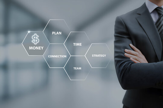 Businessman Touching Virtual Screen and Digital Map Interface Representing Future Technology, Internet Connection, Business Success and Global Network Communication
