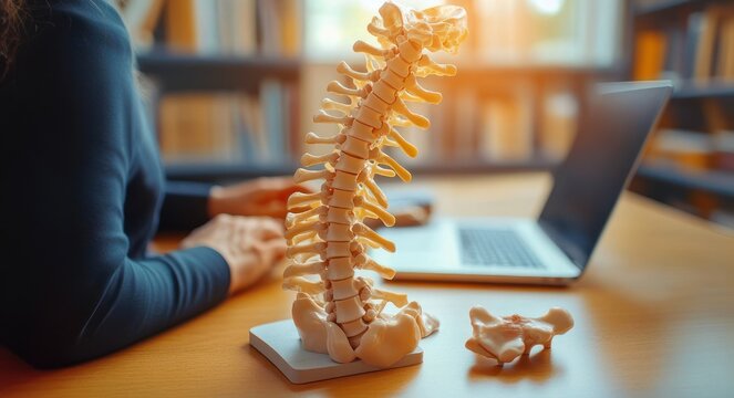 anatomical spine and pelvis model on a desk beside hands typing on a laptop in a warm study or clinic setting, conveying focused medical study and professional consultation