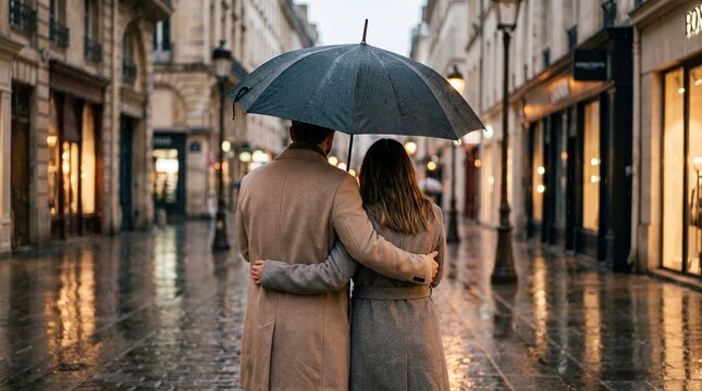 Romantic couple hugging under umbrella in rainy street at night  