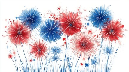 Obraz premium red and blue watercolor burst flowers with thin stems and paint splatters on white background, joyful festive whimsical mood