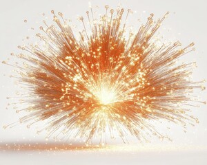 Obraz premium Radiant golden burst with glowing central core, radiating thin filaments and sparkling particles on a pale surface, evoking warmth, celebration and energetic awe