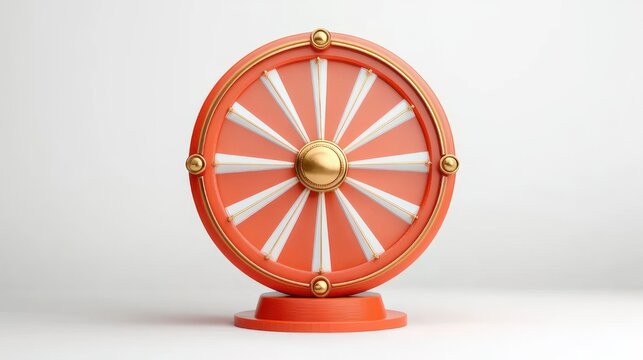 orange and gold prize wheel with white spokes on a round orange base against a clean white background, playful elegant minimalist studio product image
