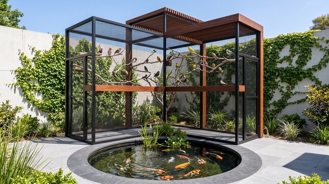 Modern outdoor bird aviary featuring a large black metal cage and wooden accents integrated with a circular koi pond in a lush landscaped garden setting.