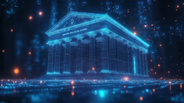 Glowing blue holographic classical temple wireframe with fluted columns and pediment on a digital grid, surrounded by floating neon particles and a mysterious futuristic aura