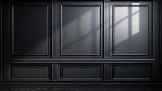 dark elegant paneled interior wall with decorative moldings, wooden floor and window sunlight casting geometric shadows, quiet moody atmosphere