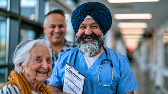 Sikh man in turban and scrubs consulting with elderly patient in hospital corridor, medical chart in hand, multicultural healthcare representation, fluorescent corridor light softened by distance, r
