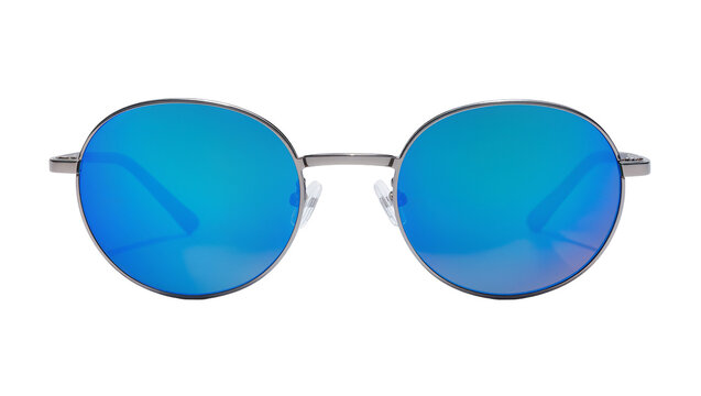 Isolated round blue mirrored sunglasses with metallic frame, stylish modern fashion accessory