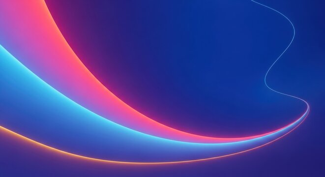 Abstract blue background with glowing neon curves and light streaks, representing technology and motion