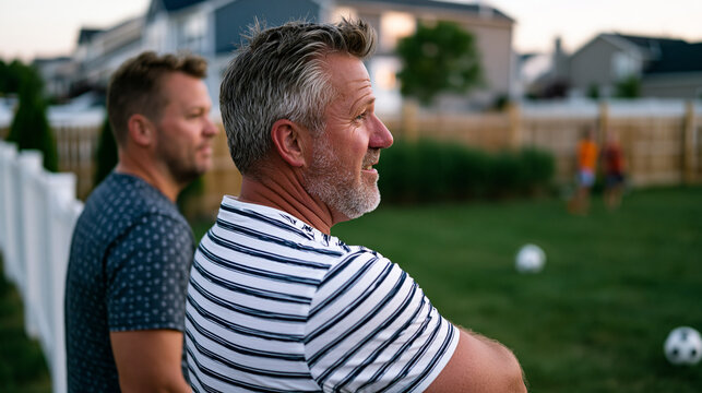 Stepfather and biological father standing side by side watching their shared stepchildren kick soccer ball across suburban backyard at dusk, two men united by love for same kids despite complex fami