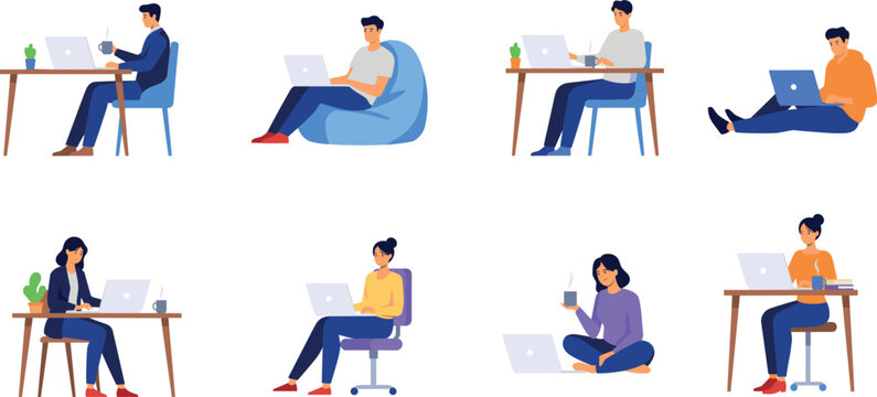 Freelance workers and remote students character collection using laptops at desk sitting on chairs beanbag and floor,
