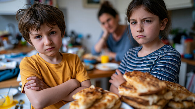 Two brothers aged eight and eleven squared off in kitchen doorway with arms crossed and matching scowls while exhausted mother mediates from breakfast counter, stack of half-eaten toast and spilled 