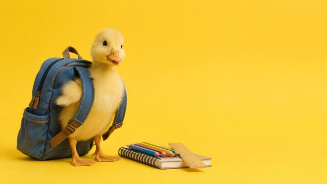 Cute Duckling with Backpack and School Supplies on Yellow Background