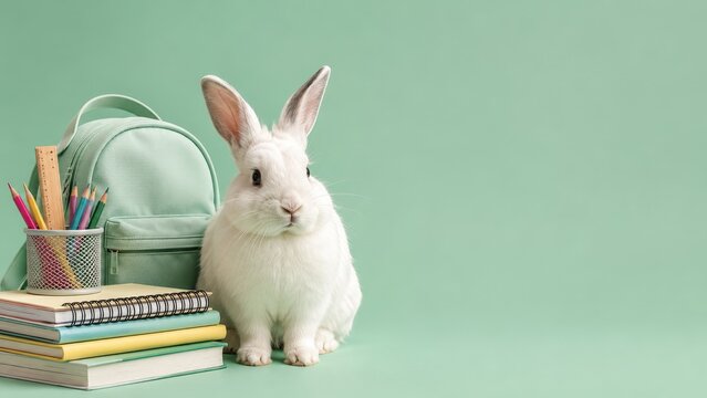 White Rabbit with School Books, Backpack and Pencils on Mint Background