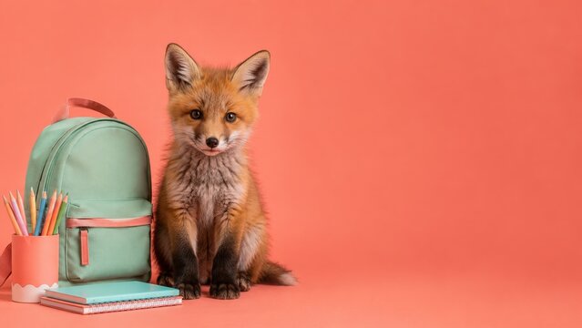 Young Fox with Backpack and Pencils on Coral Background