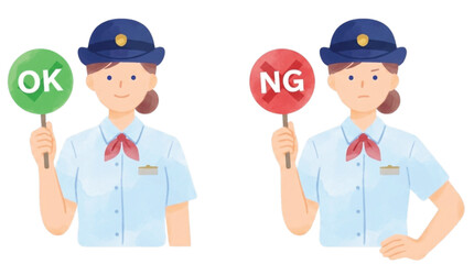 Fototapeta premium Female Uniformed Staff Giving OK and NG Signs with Handheld Paddles