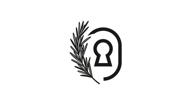 Minimalist lock and keyhole with olive branch symbol.