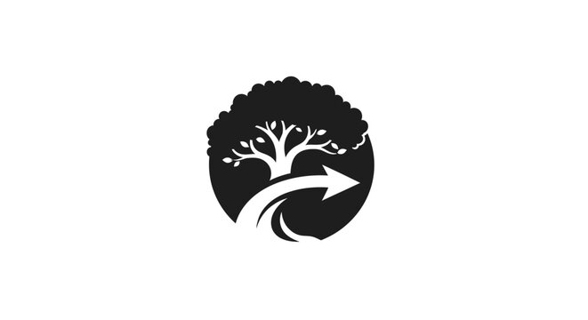 Black and white tree and arrow logo design.