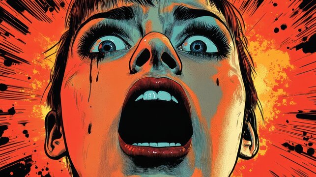 Close-up of a screaming woman's face with wide eyes and dark tear streaks against an explosive red orange background, terrified and panicked