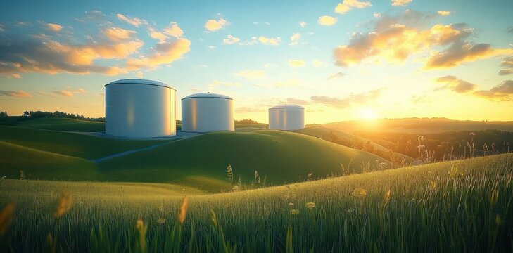 Four white cylindrical storage tanks on rolling green grassy hills under a golden sunrise with scattered clouds and serene warm light