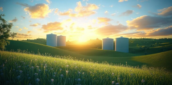 Golden sunrise over rolling green hills and wildflower meadow with four white cylindrical storage tanks, scattered clouds and a tranquil countryside glow