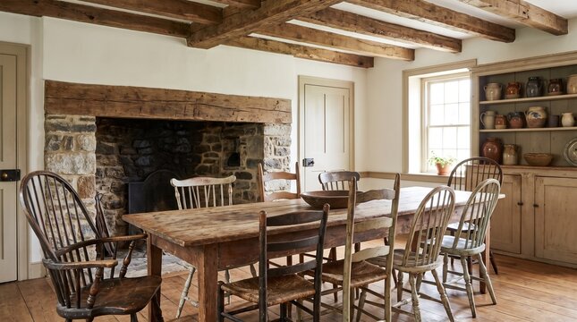 Country farmhouse dining room with a long wooden table, mismatched chairs, stone fireplace, and rustic ceiling beams