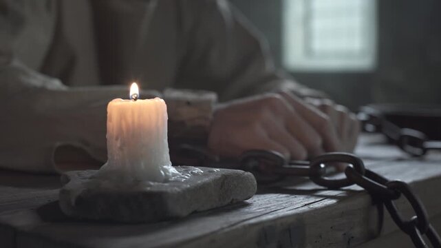 Medieval prisoner locked in heavy shackles pulling rusty iron chains in anger near a burning candle on a wooden table, dropping arms and rubbing hands inside a dark jail cell, camera tracking shot