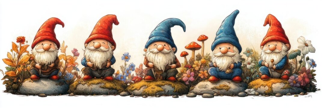 five cheerful garden gnomes with red and blue pointed hats sitting on stones among moss, flowers and mushrooms in a whimsical woodland scene