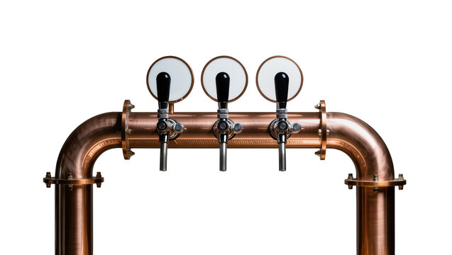 Isolated modern copper three-tap beer dispenser for draft beverages in a bar or pub