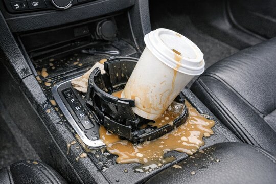 A dirty cup holder in the center of a car, suitable for use in lifestyle or travel imagery