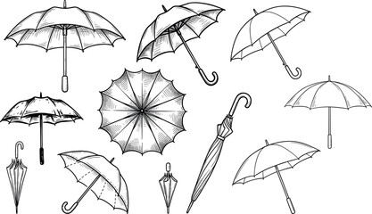 Umbrella hand drawn sketch vector set featuring open closed folded vintage style parasols for rainy weather design. © RAJU