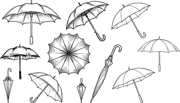 Umbrella hand drawn sketch vector set featuring open closed folded vintage style parasols for rainy weather design.
