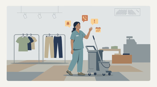 Retail worker multitasking with cleaning cart & notifications