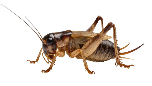 Isolated close-up studio shot of a brown house cricket, commonly known insect species