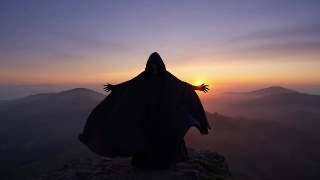 Silhouette of a Person Sitting on a Mountain Peak at Sunset Featuring Travel, Clean Composition on Simple Background