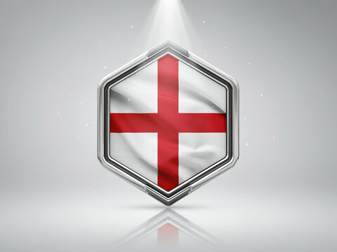 England national flag displayed in hexagon-shaped badge design with crisp silk fabric texture, representing football semifinal achievement and national team pride concept.