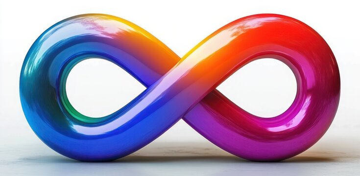 glossy three-dimensional rainbow infinity loop sculpture on white background conveying vibrant energy and endless continuity