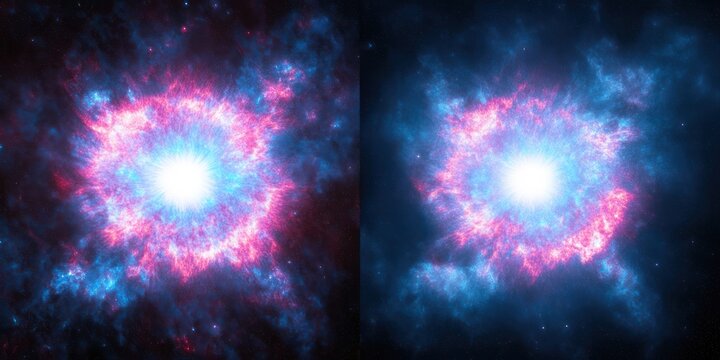 Twin glowing nebulae with a blinding central star and swirling blue and pink cosmic gas, sparkling stars, dramatic awe-inspiring energy