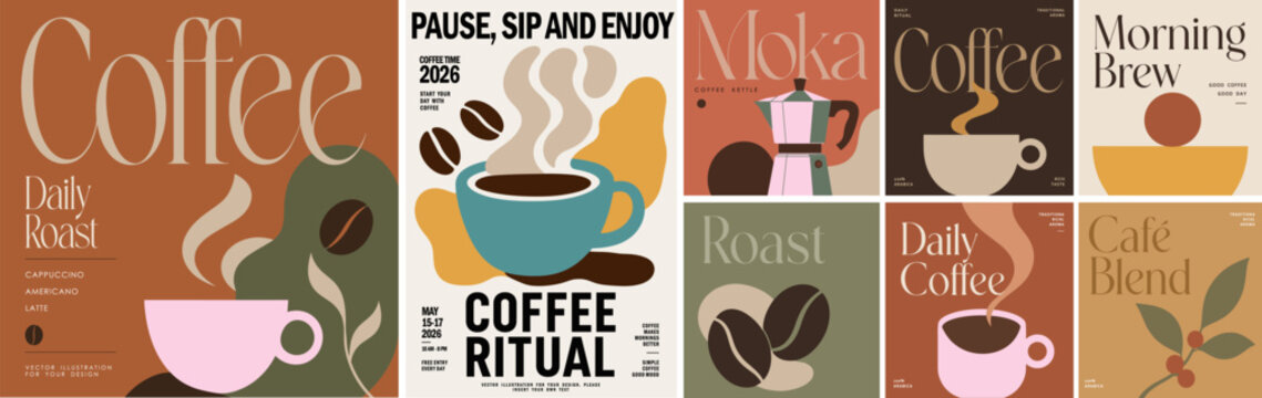Coffee. Vector stylish modern minimalist illustrations of coffee beans, cup, coffee kettle, moka pot and morning ritual for poster, flyer, covers, branding and kitchen wall art.