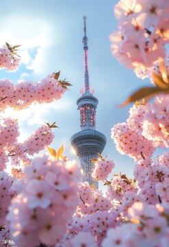 Observation tower rising through a frame of pink cherry blossoms under a bright blue spring sky with soft dreamy sunlight and a serene uplifting mood