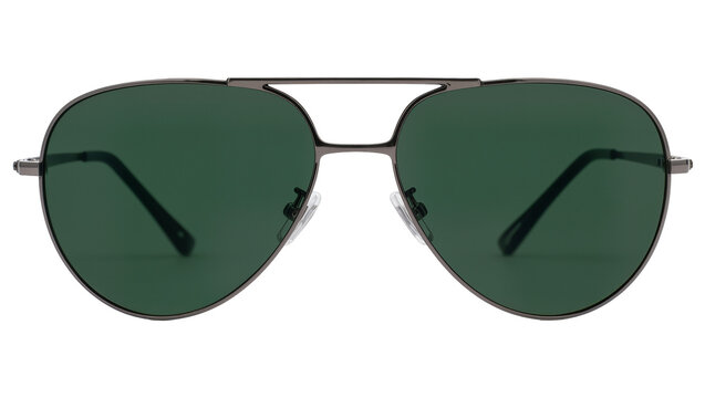 Isolated fashionable modern aviator sunglasses with dark green lenses and a sleek metal frame.