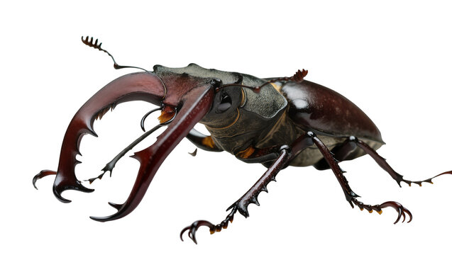 Isolated large male stag beetle with impressive jaws and antennae, side view studio shot.