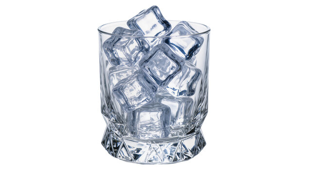 Isolated clear glass tumbler full of sparkling ice cubes, perfect for a refreshing cold drink