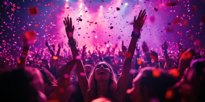 Joyful concert crowd with arms raised, confetti falling under purple and pink stage lights, central woman smiling and cheering in a euphoric live music celebration