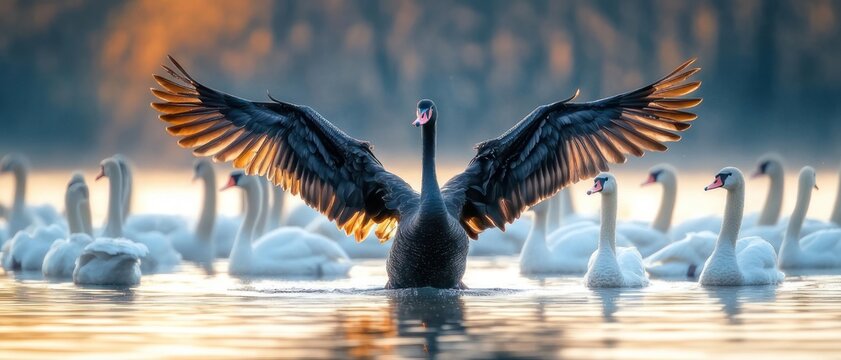 Majestic black swan spreading wings among a group of white swans on a calm golden lake at sunrise, serene and commanding presence
