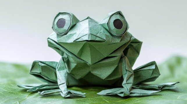 Cheerful green origami frog with large round eyes perched on a leaf, detailed paper folds and textured surface