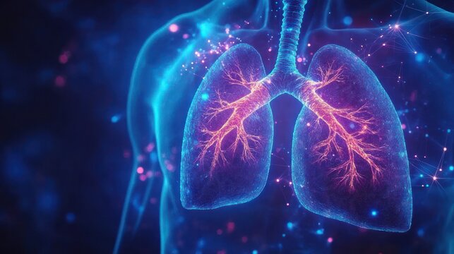 glowing neon lungs within a translucent torso with branching bronchi and particle network, evoking futuristic medical awe
