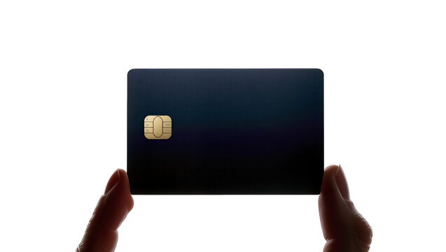 Isolated hands holding a dark credit card with an EMV chip, ready for a secure payment.