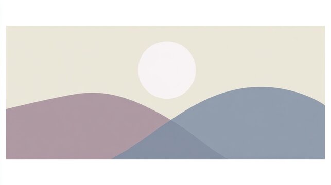 Abstract minimalist landscape with pale cream background, large pure white circle positioned in upper center representing a sun or moon, two smooth overlapping curved hill shapes in the lower half wit