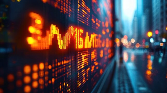 glowing orange digital stock ticker display on a rainy city street with blurred lights and a tense, fast-paced trading atmosphere