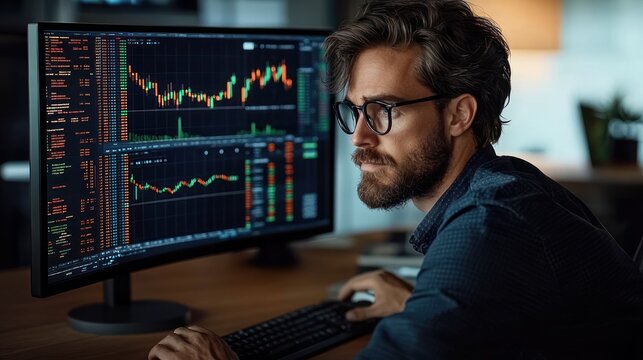focused professional at desk analyzing colorful financial charts and stock market graphs on a widescreen monitor, concentrating while using keyboard and mouse